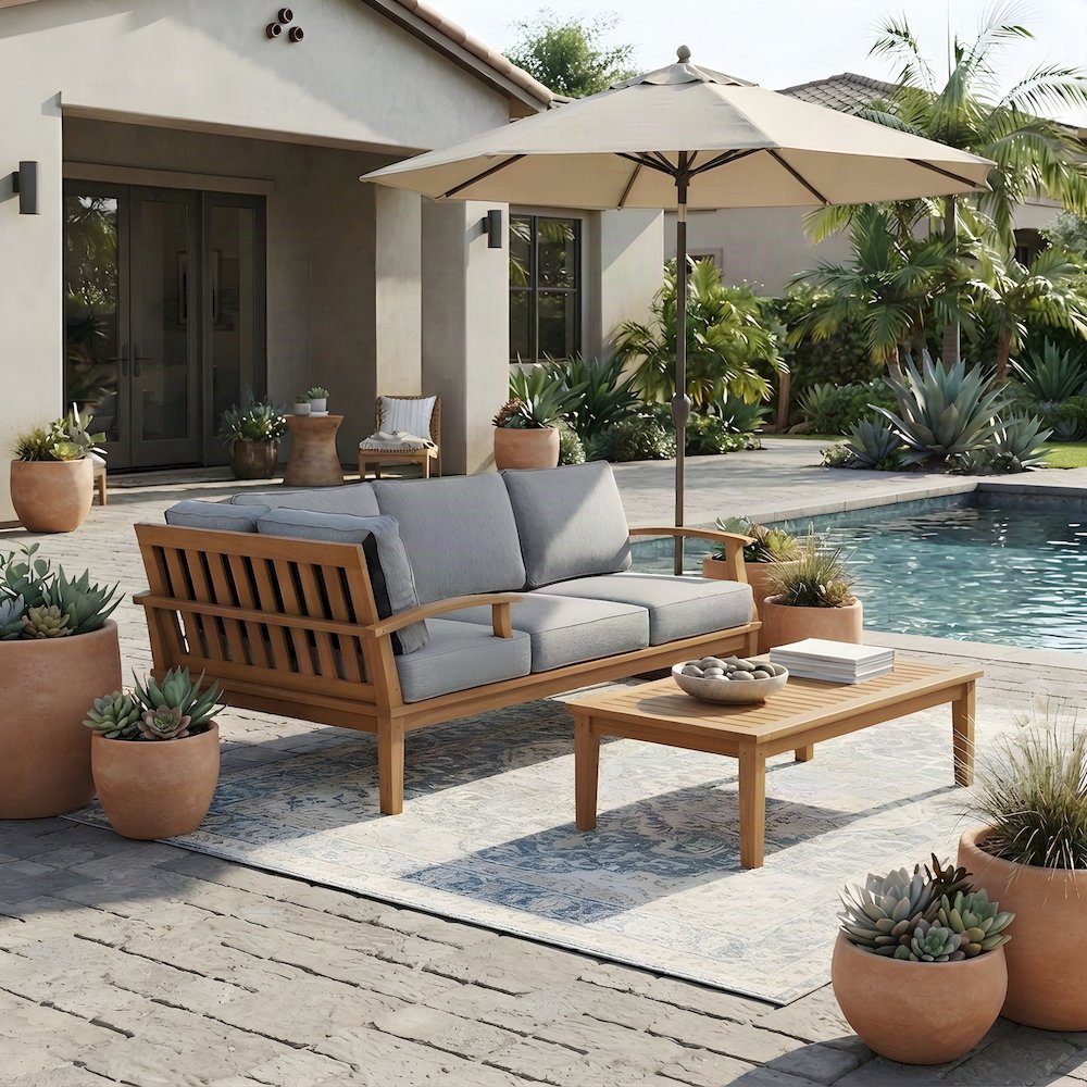 Solid Teak Outdoor Patio Sofa with High Backrest for Deck or Porch, Natural Gray