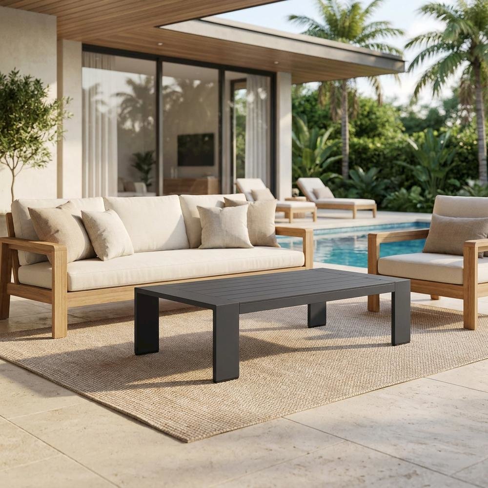 Powder-Coated Aluminum Rectangular Outdoor Patio Coffee Table, Gray