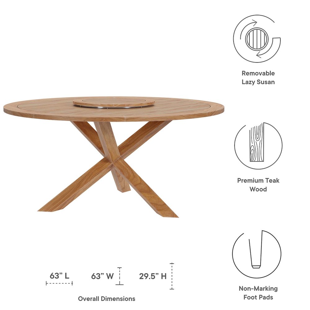 Wellspring 63" Outdoor Patio Teak Wood Dining Table, Removable Lazy Susan