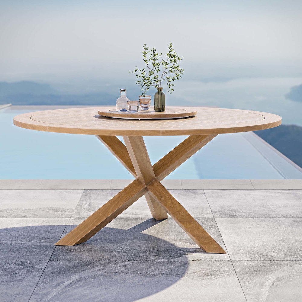Wellspring 63" Outdoor Patio Teak Wood Dining Table, Removable Lazy Susan