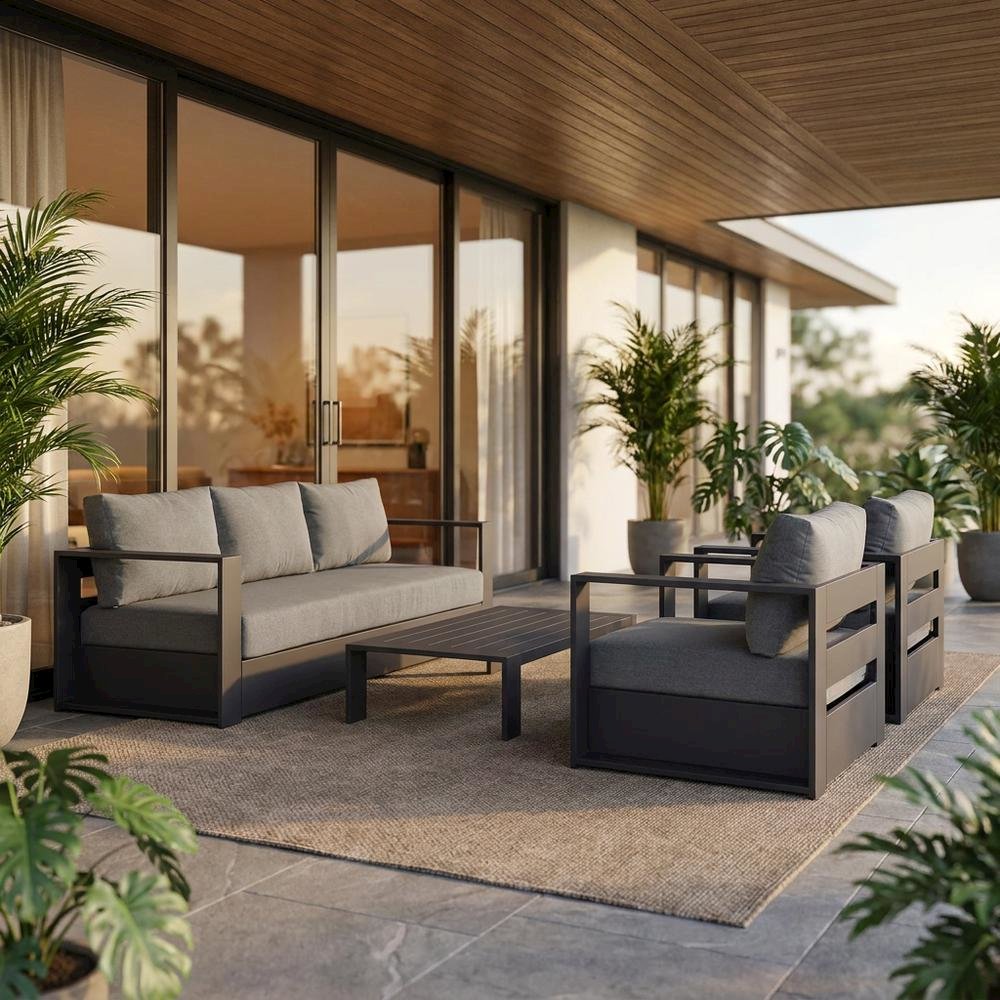 Powder-Coated Aluminum Patio Conversation Set with Thick Cushions, Gray Charcoal