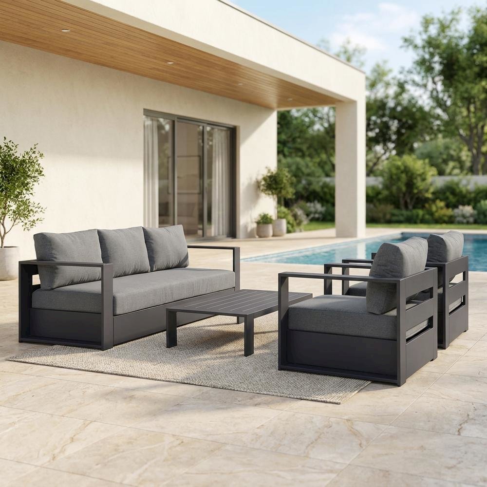 Powder-Coated Aluminum Patio Conversation Set with Thick Cushions, Gray Charcoal