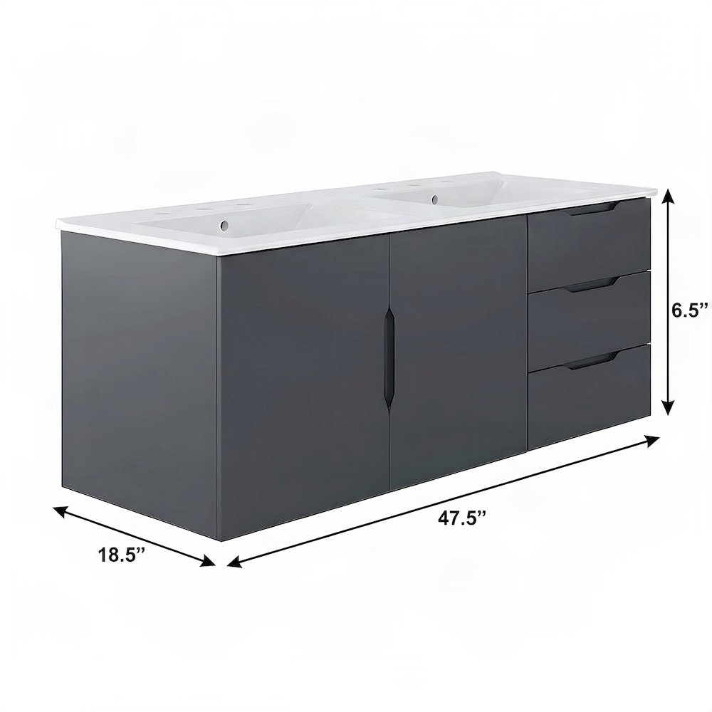 Double Sink Vanity Cabinet with Ceramic Sink and MDF Construction, Gray White