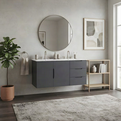 Double Sink Vanity Cabinet with Ceramic Sink and MDF Construction, Gray White