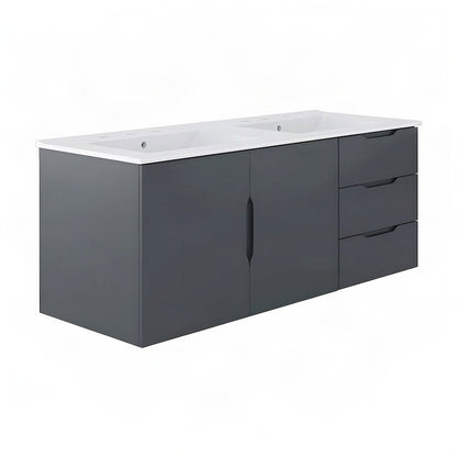 Double Sink Vanity Cabinet with Ceramic Sink and MDF Construction, Gray White