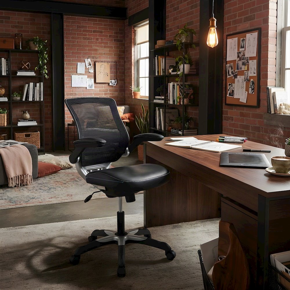 Padded Vinyl Mid-Back Swivel Desk Chair with Adjustable Height, Black