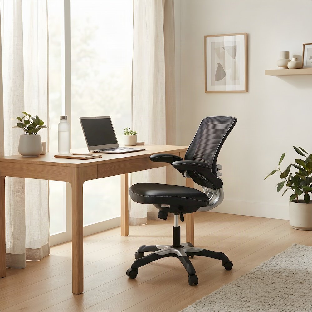 Padded Vinyl Mid-Back Swivel Desk Chair with Adjustable Height, Black