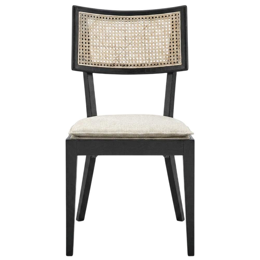 Fabric-Upholstered Wood Dining Chairs, Black Beige, Set of 2