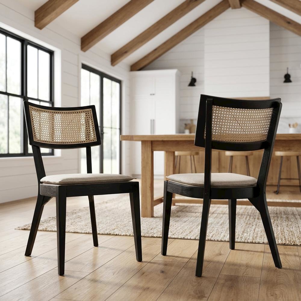 Fabric-Upholstered Wood Dining Chairs, Black Beige, Set of 2