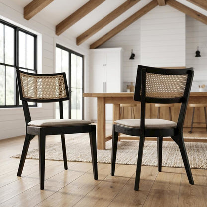 Fabric-Upholstered Wood Dining Chairs, Black Beige, Set of 2
