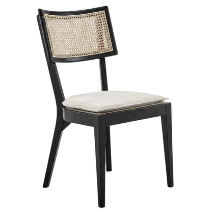 Fabric-Upholstered Wood Dining Chairs, Black Beige, Set of 2