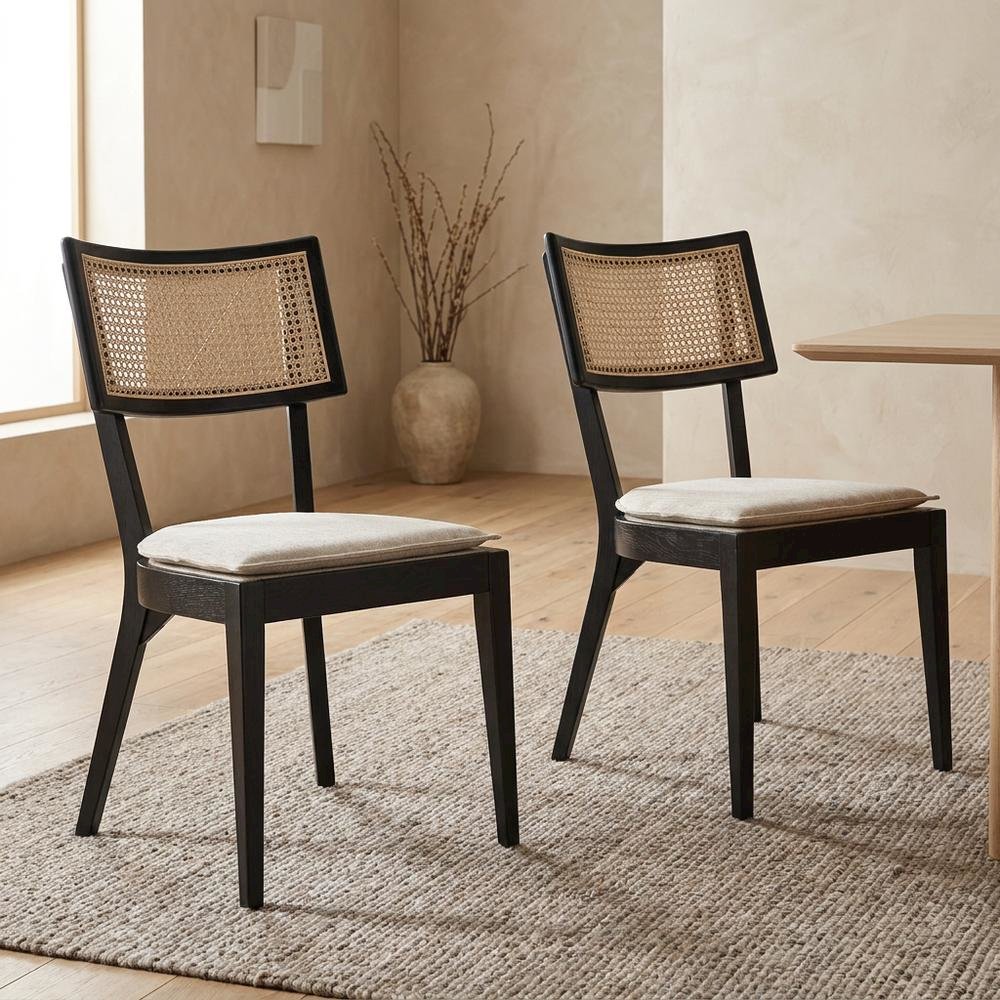 Fabric-Upholstered Wood Dining Chairs, Black Beige, Set of 2