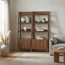Tall Wood Bookcase and Display Cabinet, Mid-Century Modern, Set of 2, Walnut