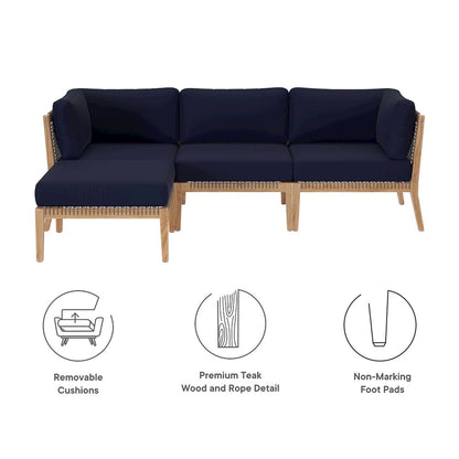 Clearwater 4-Piece Outdoor Patio Teak Wood Sectional Sofa