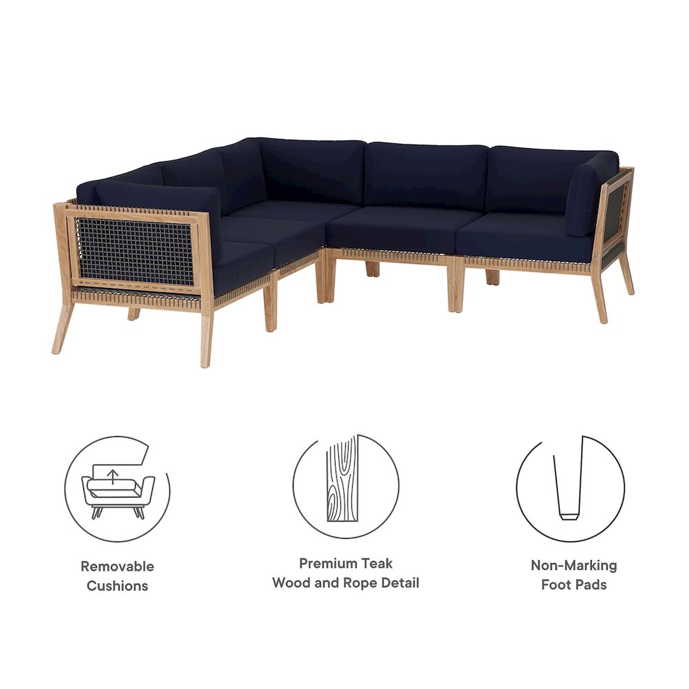 Clearwater 5-Piece Outdoor Patio Teak Wood Sectional Sofa