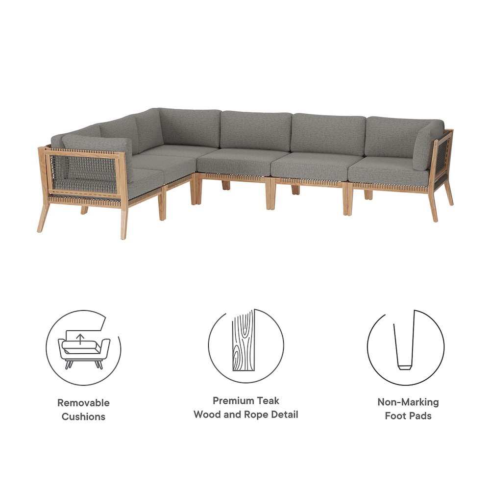 Clearwater 6-Piece Outdoor Patio Teak Wood Sectional Sofa