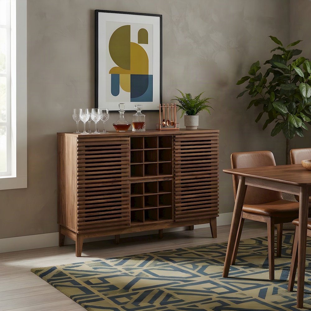 Wood Home Office Storage Cabinet, Mid-Century Modern Office Credenza, Walnut