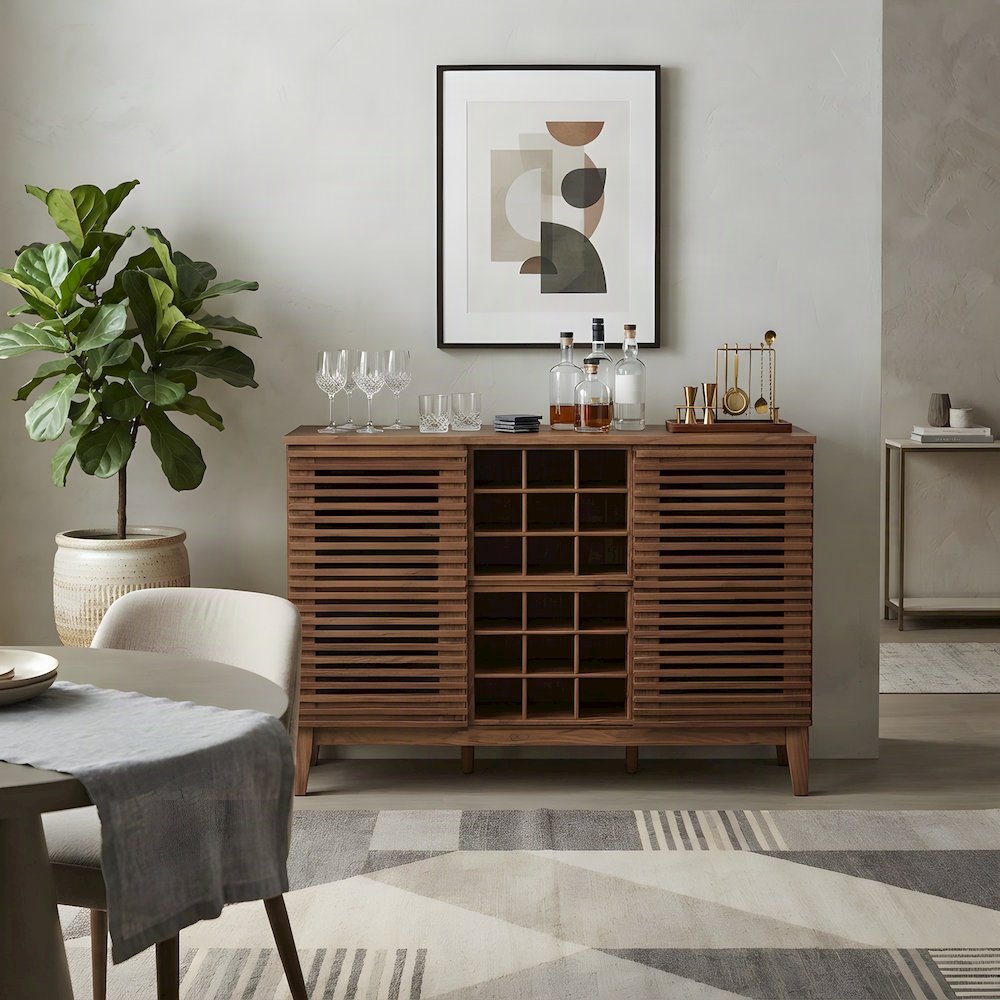 Wood Home Office Storage Cabinet, Mid-Century Modern Office Credenza, Walnut