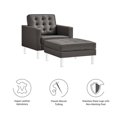 Loft Tufted Vegan Leather Armchair and Ottoman Set