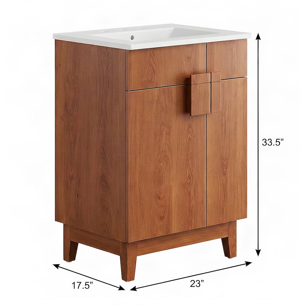 Melamine Bathroom Vanity with Ceramic Sink, Mid-Century, White Walnut