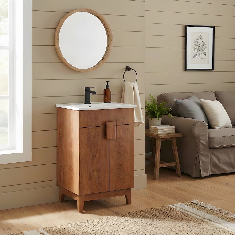 Melamine Bathroom Vanity with Ceramic Sink, Mid-Century, White Walnut