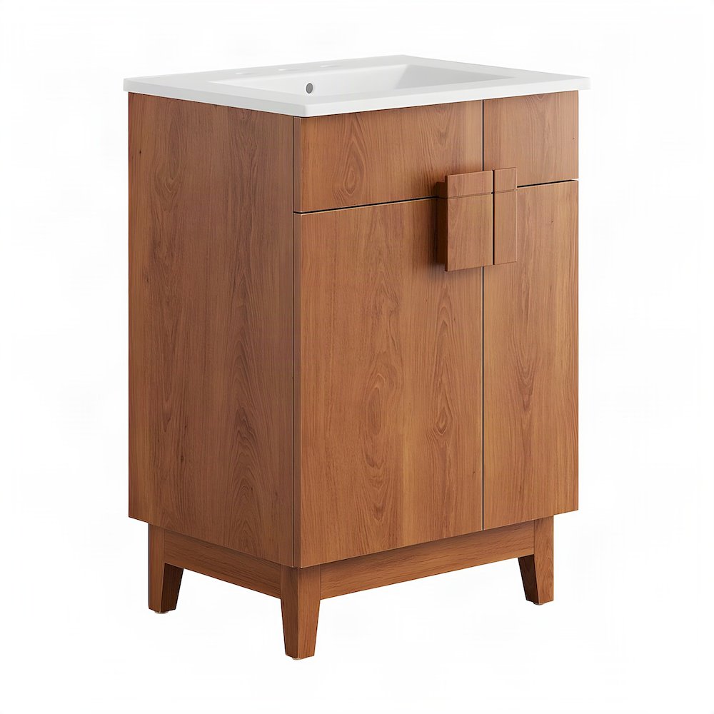 Melamine Bathroom Vanity with Ceramic Sink, Mid-Century, White Walnut