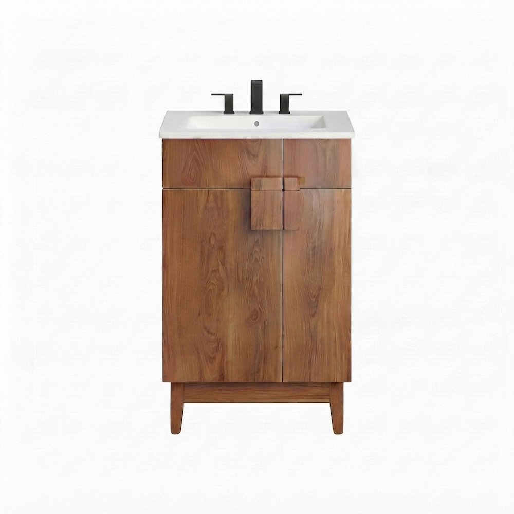 Melamine Bathroom Vanity with Ceramic Sink, Mid-Century, White Walnut