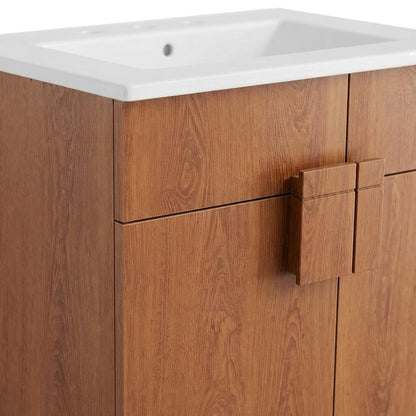 Melamine Bathroom Vanity with Ceramic Sink, Mid-Century, White Walnut