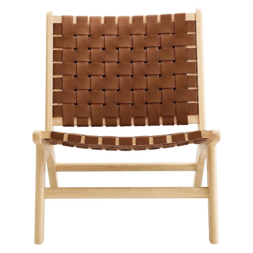 Leather Accent Lounge Chair with Wooden Base for Living Room, Natural Brown