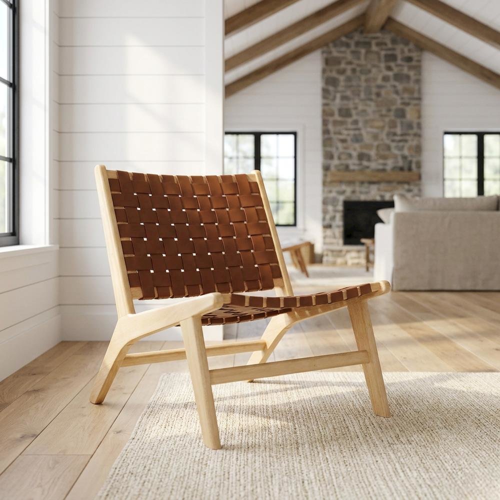 Leather Accent Lounge Chair with Wooden Base for Living Room, Natural Brown