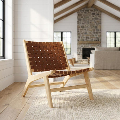 Leather Accent Lounge Chair with Wooden Base for Living Room, Natural Brown