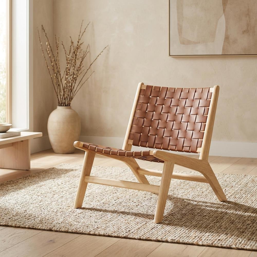 Leather Accent Lounge Chair with Wooden Base for Living Room, Natural Brown