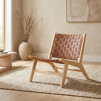 Leather Accent Lounge Chair with Wooden Base for Living Room, Natural Brown