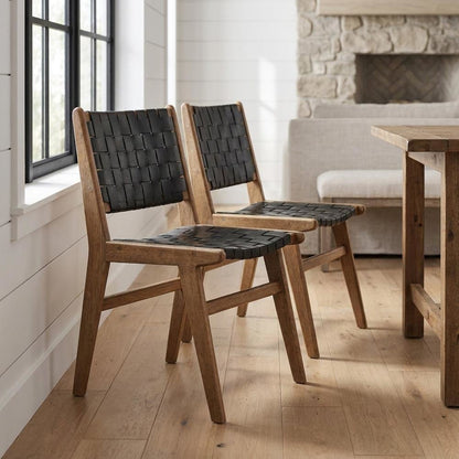 Leather-Upholstered Wood Dining Side Chairs, Walnut Black, Set of 2