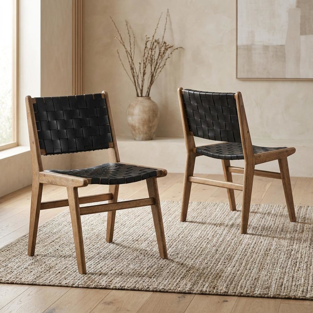 Leather-Upholstered Wood Dining Side Chairs, Walnut Black, Set of 2
