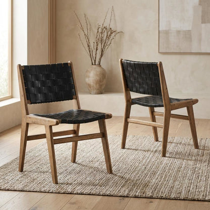 Leather-Upholstered Wood Dining Side Chairs, Walnut Black, Set of 2