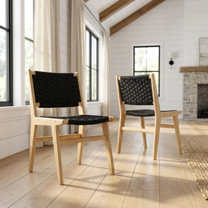 Woven Rope Wood Dining Side Chairs, Natural Black, Set of 2