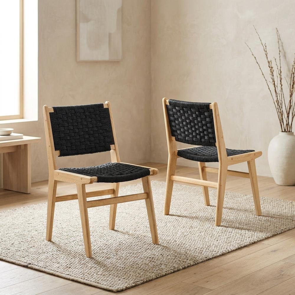 Woven Rope Wood Dining Side Chairs, Natural Black, Set of 2