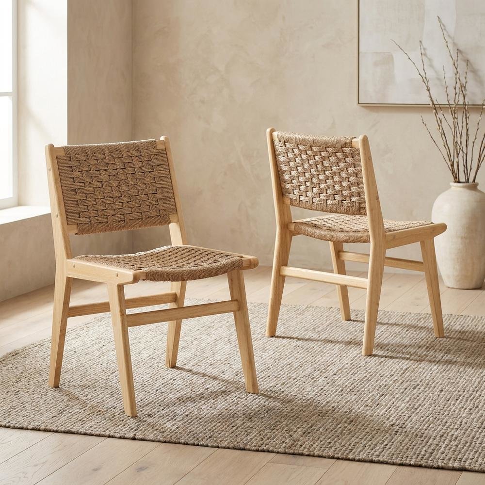 Woven Rope Wood Dining Side Chairs, Natural Natural, Set of 2