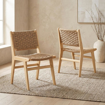 Woven Rope Wood Dining Side Chairs, Natural Natural, Set of 2
