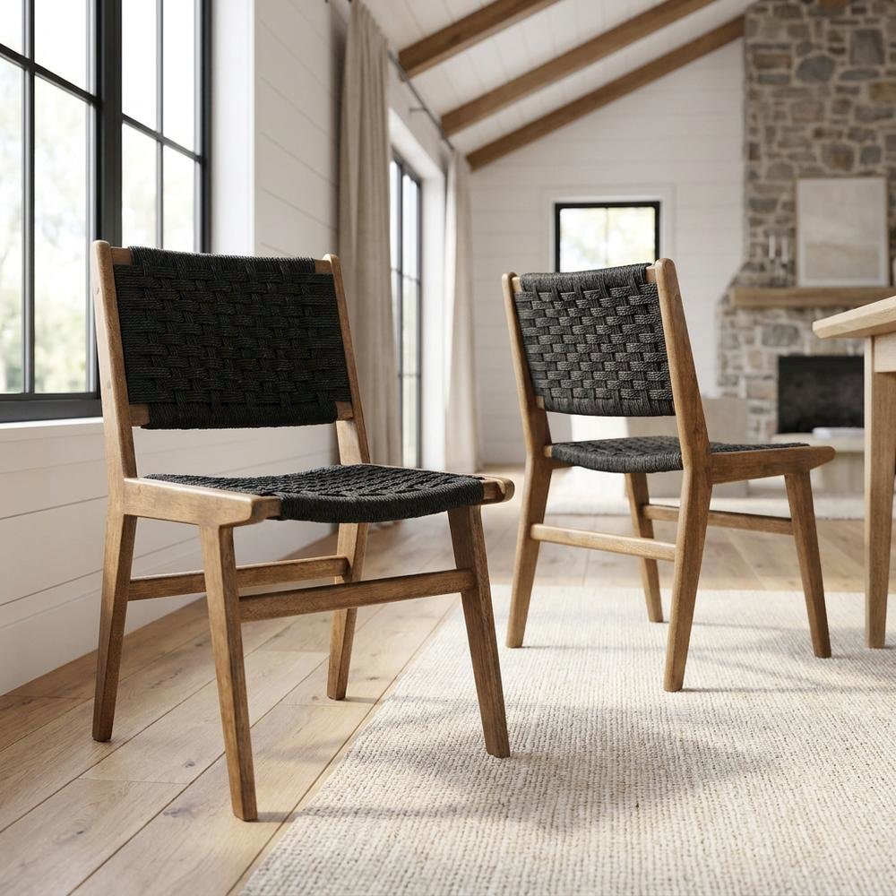 Woven Rope Wood Dining Side Chairs, Walnutt Black, Set of 2
