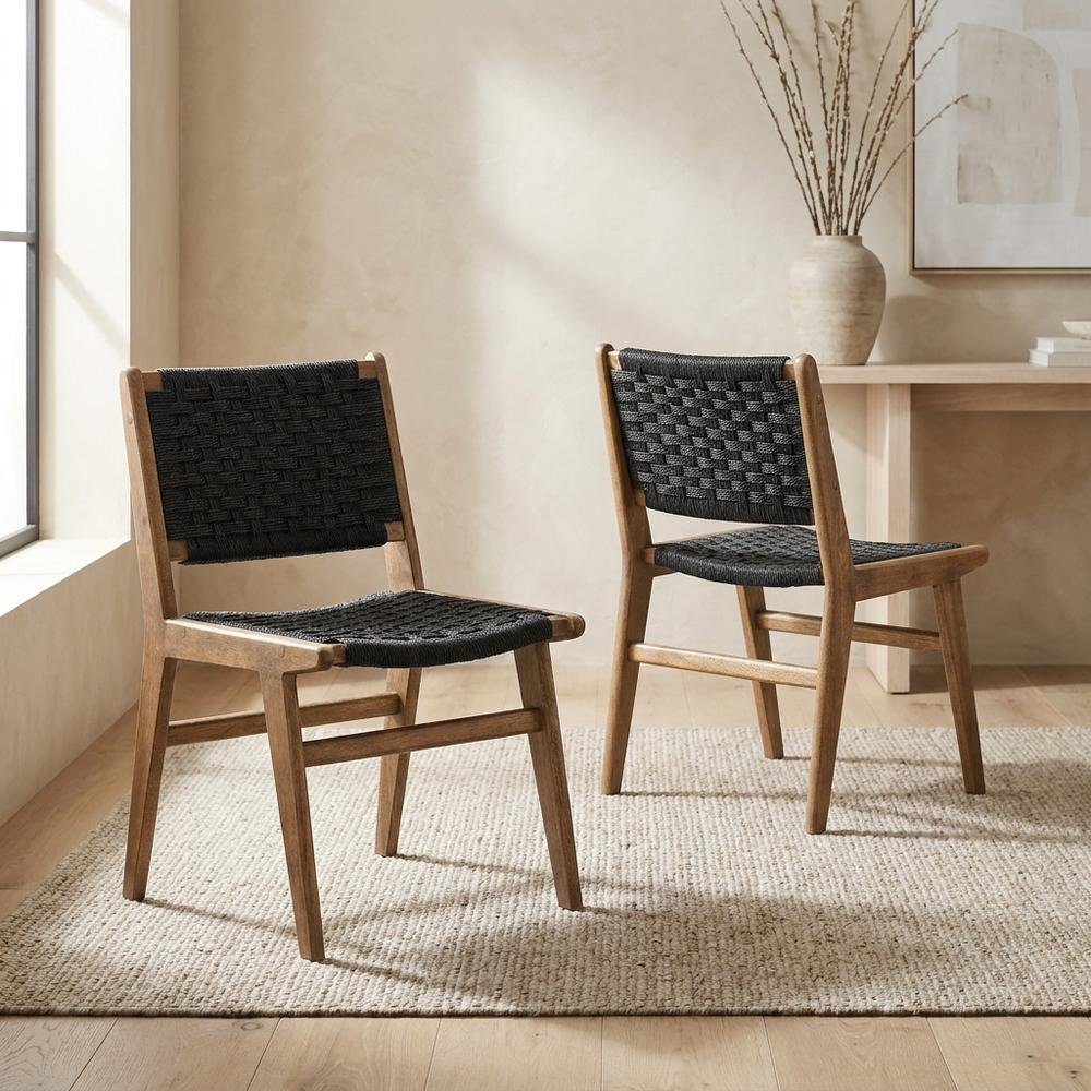 Woven Rope Wood Dining Side Chairs, Walnutt Black, Set of 2