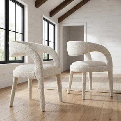 Boucle Upholstered Dining Chairs with Arms for Dining Room, Ivory, Set of 2