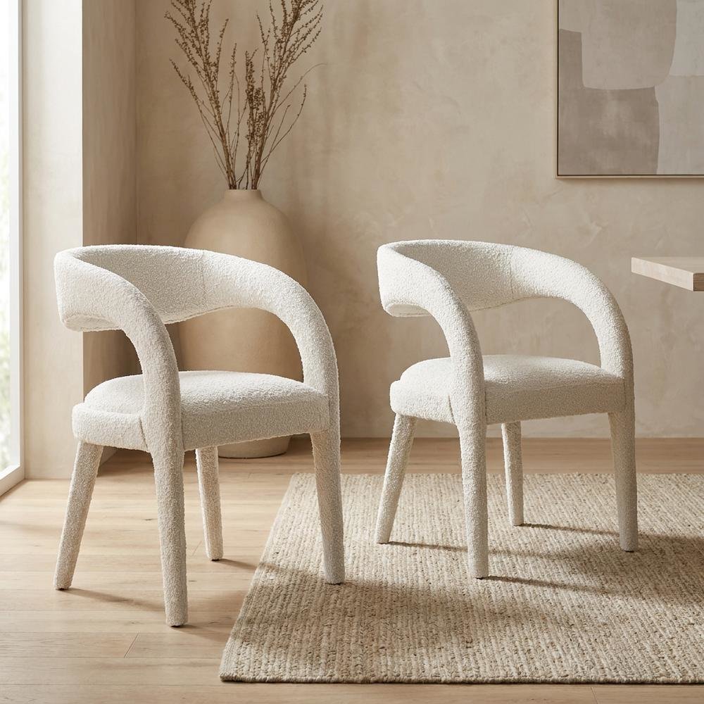 Boucle Upholstered Dining Chairs with Arms for Dining Room, Ivory, Set of 2
