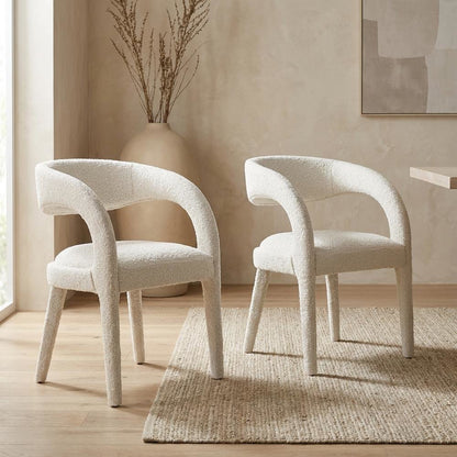 Boucle Upholstered Dining Chairs with Arms for Dining Room, Ivory, Set of 2