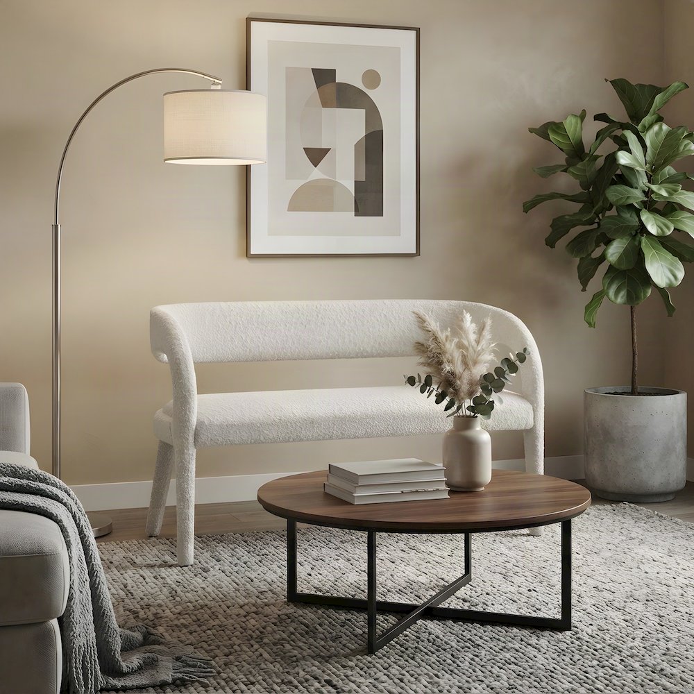 Boucle Upholstered Accent Bench with Low Back for Bedroom End of Bed, Ivory
