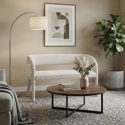 Boucle Upholstered Accent Bench with Low Back for Bedroom End of Bed, Ivory