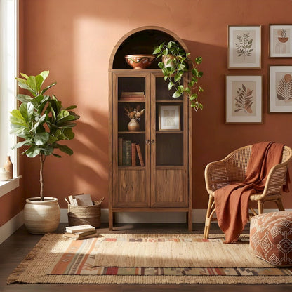 Wood Tall Arched Home Office Storage Display Cabinet with Open Shelving, Walnut