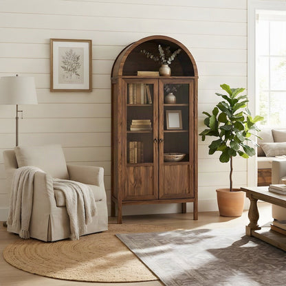 Wood Tall Arched Home Office Storage Display Cabinet with Open Shelving, Walnut