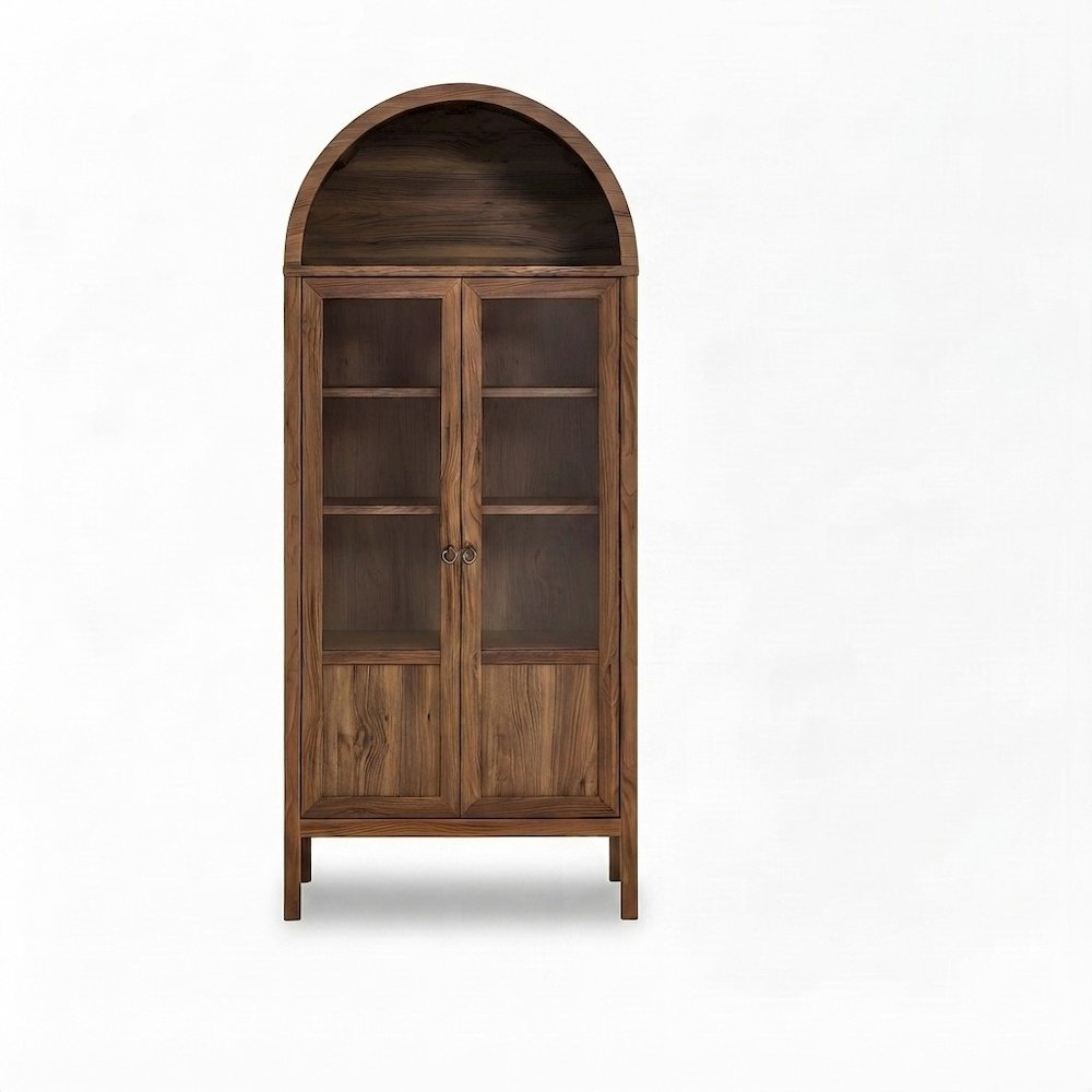 Wood Tall Arched Home Office Storage Display Cabinet with Open Shelving, Walnut